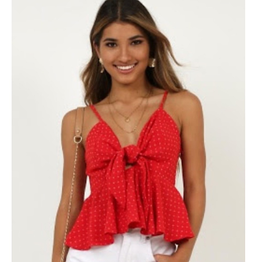 Red bow-tie tank top blouse, Size 4 (S).